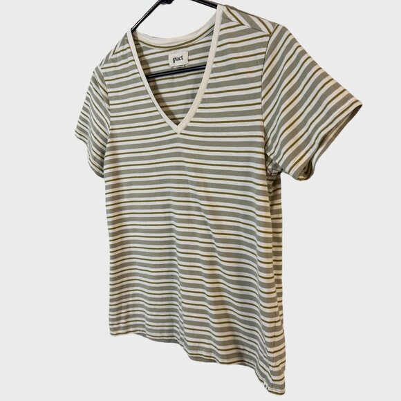 Pact Organic Cotton Soft-Spun Striped V-Neck T-Shirt Cream & Green Women's Small - Picture 2 of 9